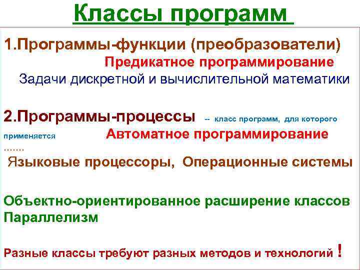 Классы программ 1. Программы-функции (преобразователи) Предикатное программирование Задачи дискретной и вычислительной математики 2. Программы-процессы