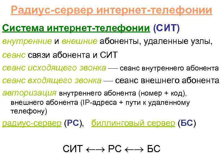 Радиус-сервер интернет-телефонии Система интернет-телефонии (СИТ) внутренние и внешние абоненты, удаленные узлы, сеанс связи абонента