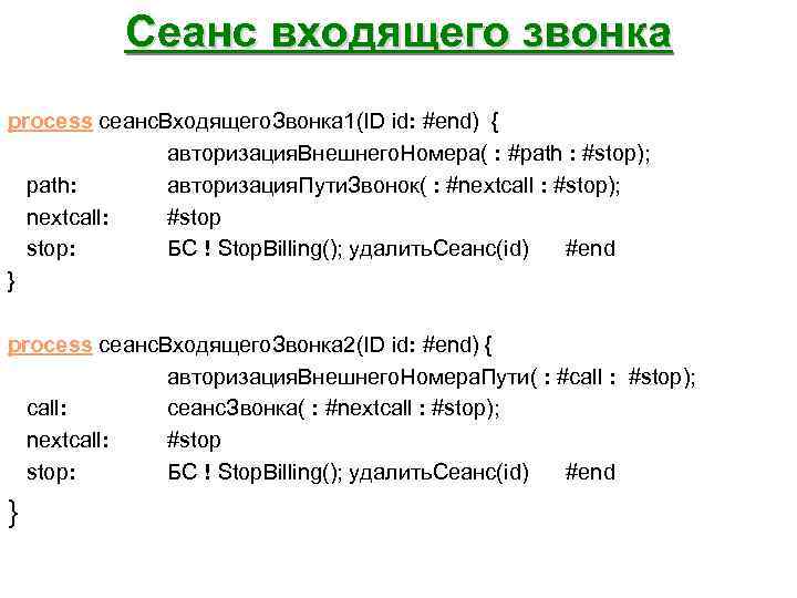 Сеанс входящего звонка process сеанс. Входящего. Звонка 1(ID id: #end) { авторизация. Внешнего. Номера(