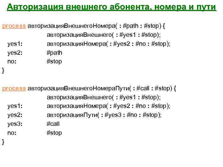 Авторизация внешнего абонента, номера и пути process авторизация. Внешнего. Номера( : #path : #stop)