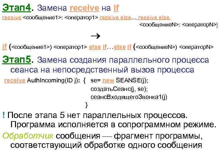 Этап 4. Замена receive на if receive <сообщение 1>: <оператор1> receive else… receive else