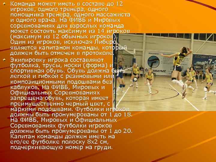 Команда может иметь в составе до 12 игроков, одного тренера, одного помощника тренера, одного