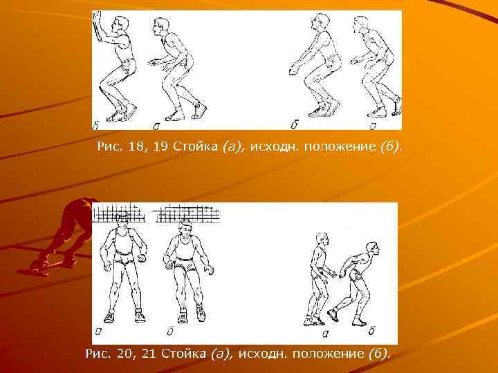 Рис. 18, 19 Стойка (а), исходн. положение (б). Рис. 20, 21 Стойка (а), исходн.