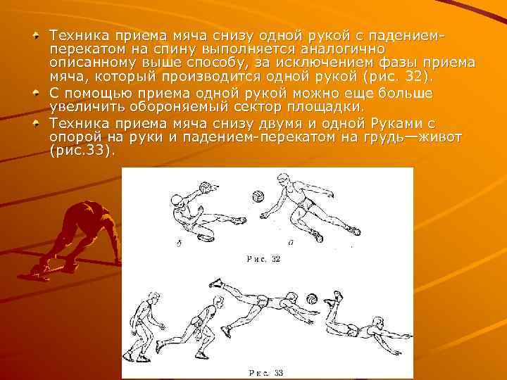 Техника приема мяча снизу одной рукой с падением перекатом на спину выполняется аналогично описанному