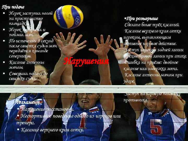 При подаче • Игрок заступил ногой на пространство площадки. • Игрок подбросил и поймал