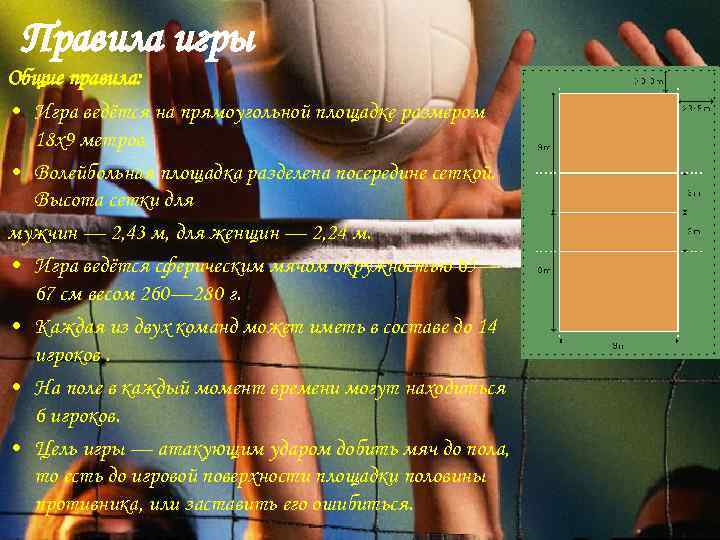 Правила игры Общие правила: • Игра ведётся на прямоугольной площадке размером 18 х9 метров.