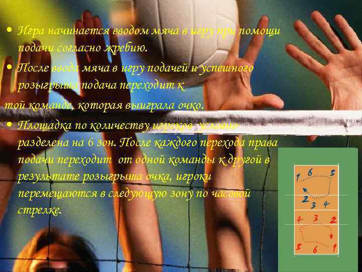  • Игра начинается вводом мяча в игру при помощи подачи согласно жребию. •