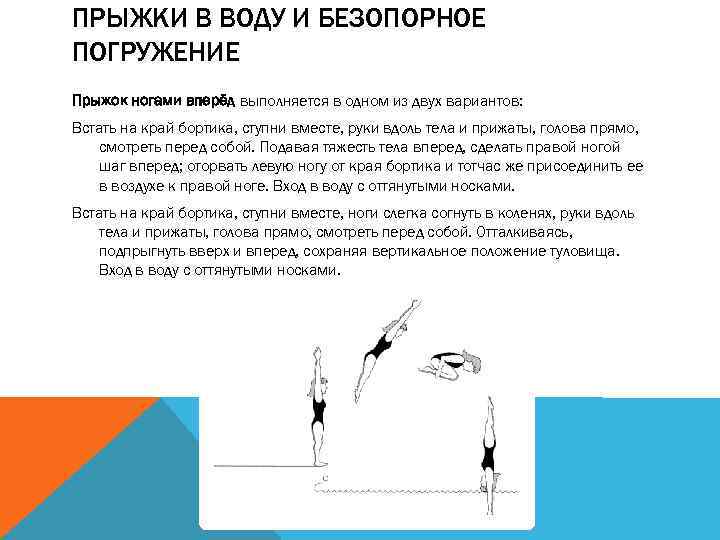 ПРЫЖКИ В ВОДУ И БЕЗОПОРНОЕ ПОГРУЖЕНИЕ Прыжок ногами вперёд выполняется в одном из двух