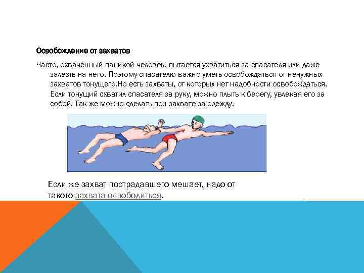 Освобождение от захватов Часто, охваченный паникой человек, пытается ухватиться за спасателя или даже залезть