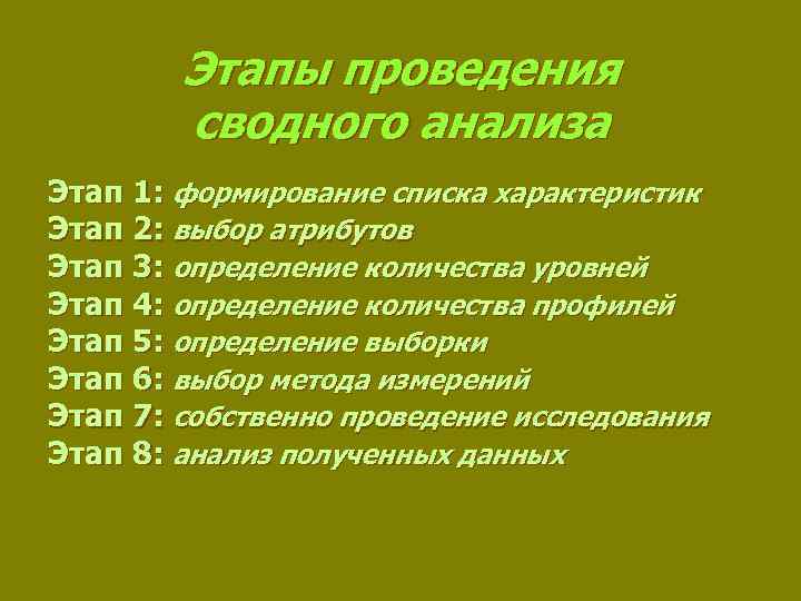 Этапы проведения сводного анализа Этап 1: формирование списка характеристик Этап 2: выбор атрибутов Этап