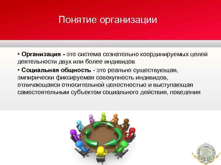 Понятие организации • Организация - это система сознательно координируемых целей деятельности двух или более