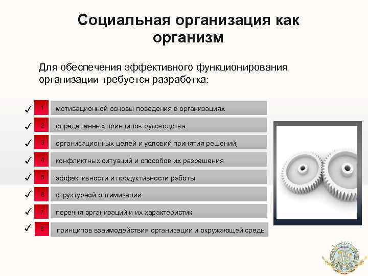 Социальная организация как организм Для обеспечения эффективного функционирования организации требуется разработка: ✓ 1 мотивационной