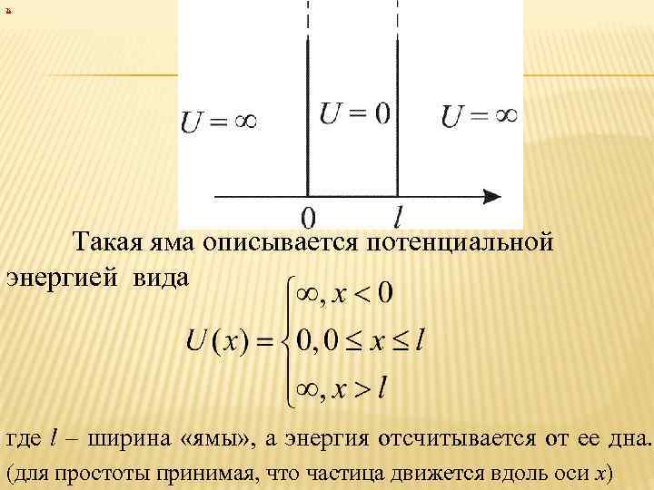 х Такая яма описывается потенциальной энергией вида где l – ширина «ямы» , а