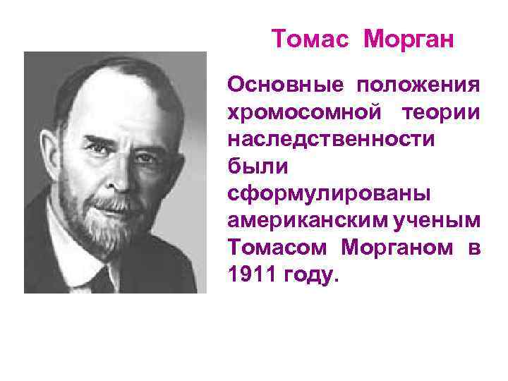 Томас Морган Основные положения хромосомной теории наследственности были сформулированы американским ученым Томасом Морганом в