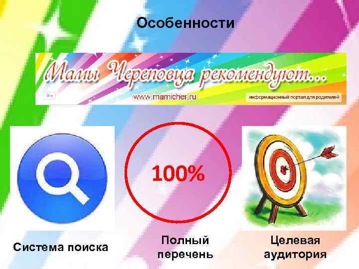 Особенности 100% Система поиска Полный перечень Целевая аудитория 