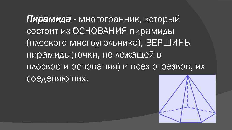 Пирамида это многогранник. Многогранная пирамида лежащая. Точка не лежащая в плоскости основания пирамиды. Пирамида это многогранник состоящий из. Пирамида 2 класс презентация.