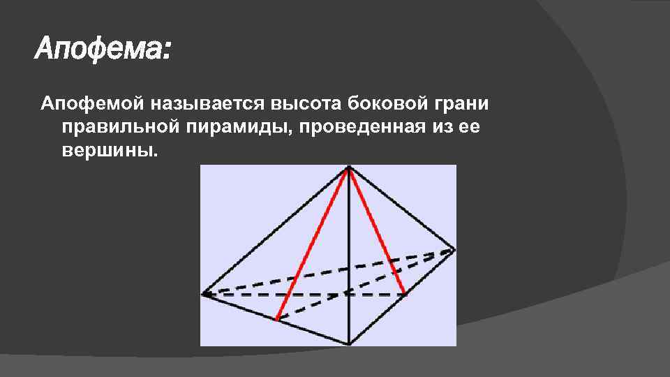 Апофема: Апофемой называется высота боковой грани правильной пирамиды, проведенная из ее вершины. 