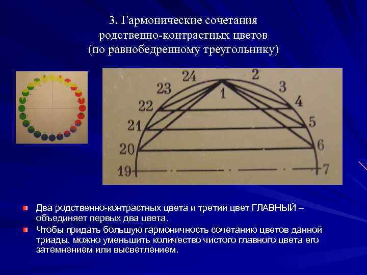 3. Гармонические сочетания родственно-контрастных цветов (по равнобедренному треугольнику) Два родственно-контрастных цвета и третий цвет