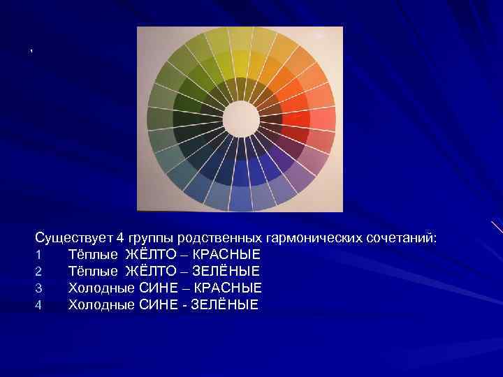 , Существует 4 группы родственных гармонических сочетаний: 1 Тёплые ЖЁЛТО – КРАСНЫЕ 2 Тёплые