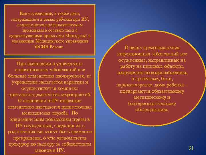 Все осужденные, а также дети, содержащиеся в домах ребенка при ИУ, подвергаются профилактическим прививкам