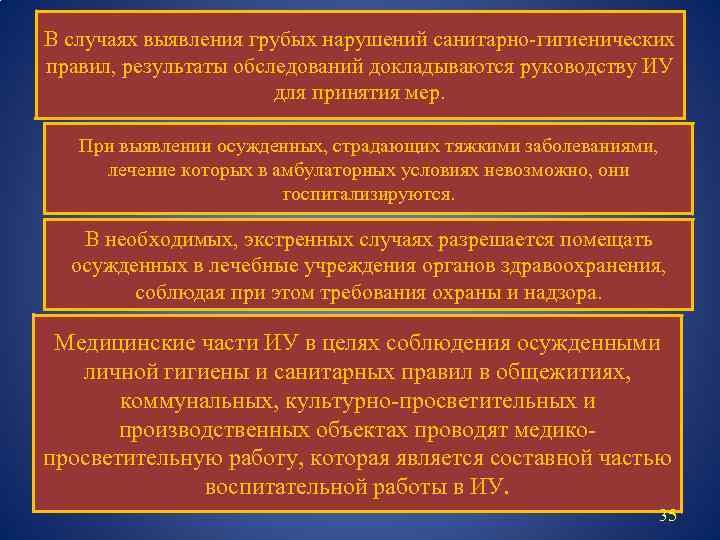 В случаях выявления грубых нарушений санитарно-гигиенических правил, результаты обследований докладываются руководству ИУ для принятия