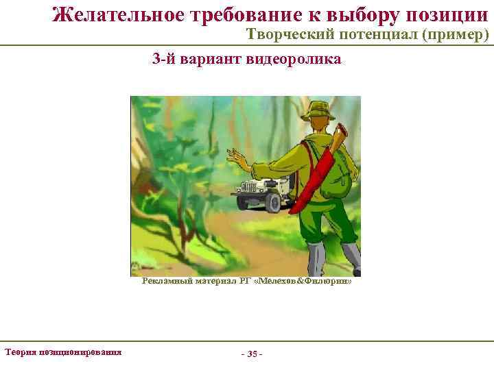 Желательное требование к выбору позиции Творческий потенциал (пример) 3 -й вариант видеоролика Рекламный материал