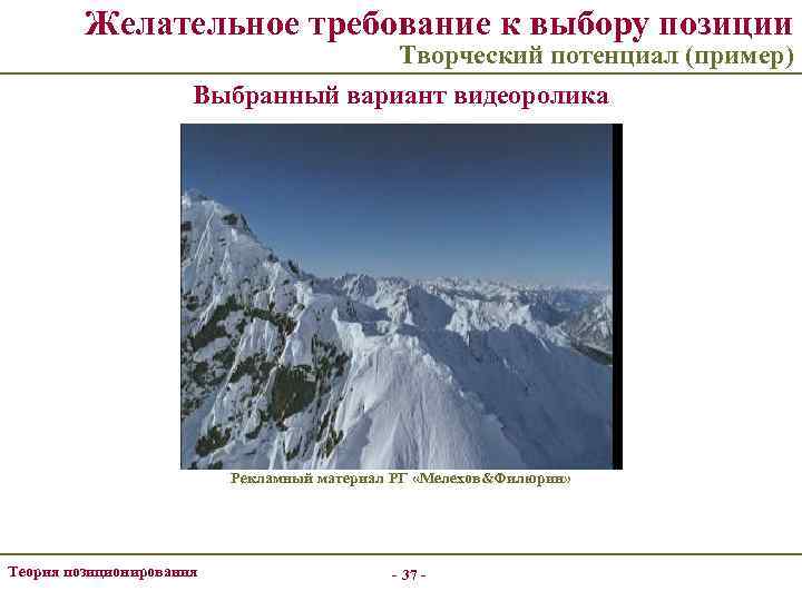 Желательное требование к выбору позиции Творческий потенциал (пример) Выбранный вариант видеоролика Рекламный материал РГ