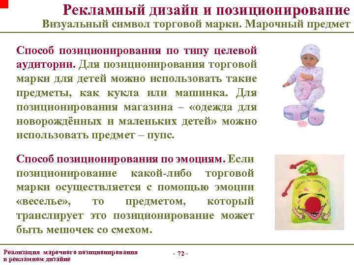 Рекламный дизайн и позиционирование Визуальный символ торговой марки. Марочный предмет Способ позиционирования по типу