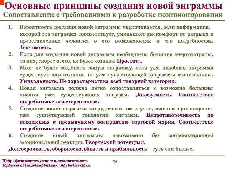 Основные принципы создания новой энграммы Сопоставление с требованиями к разработке позиционирования 1. Вероятность создания