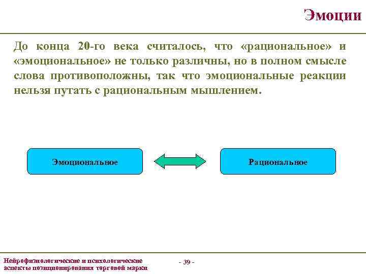 Эмоции До конца 20 -го века считалось, что «рациональное» и «эмоциональное» не только различны,