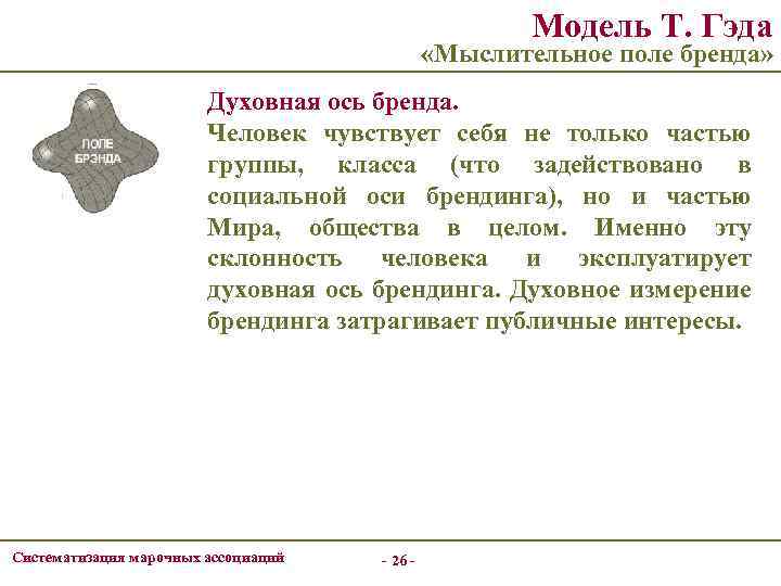 Модель Т. Гэда «Мыслительное поле бренда» Духовная ось бренда. Человек чувствует себя не только
