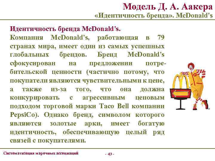 Модель Д. А. Аакера «Идентичность бренда» . Mc. Donald's Идентичность бренда Mc. Donald's. Компания