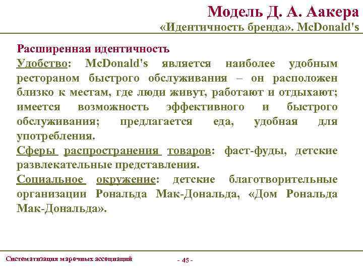 Модель Д. А. Аакера «Идентичность бренда» . Mc. Donald's Расширенная идентичность Удобство: Mc. Donald's