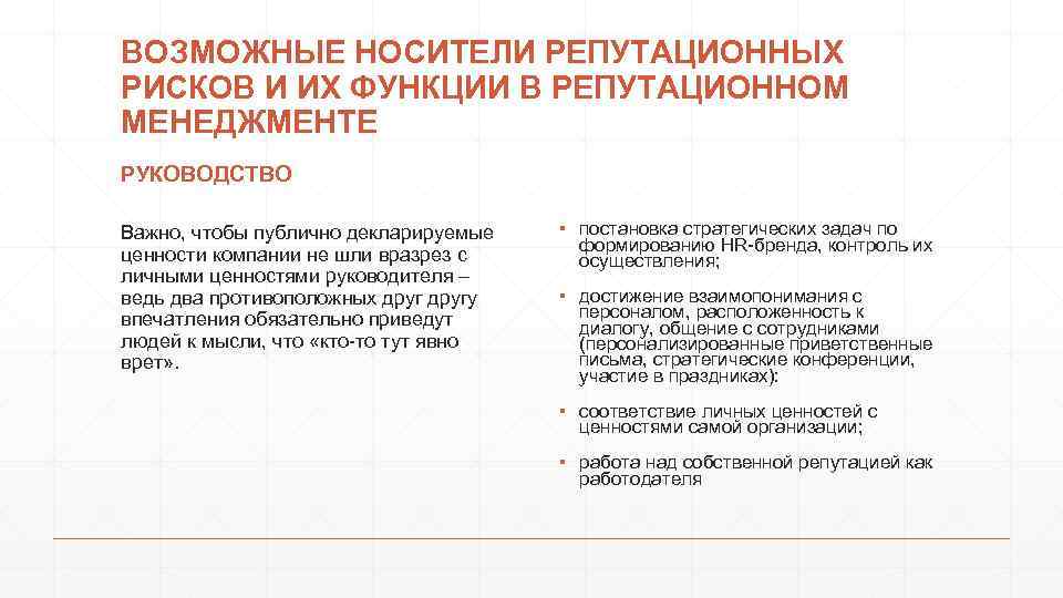 ВОЗМОЖНЫЕ НОСИТЕЛИ РЕПУТАЦИОННЫХ РИСКОВ И ИХ ФУНКЦИИ В РЕПУТАЦИОННОМ МЕНЕДЖМЕНТЕ РУКОВОДСТВО Важно, чтобы публично