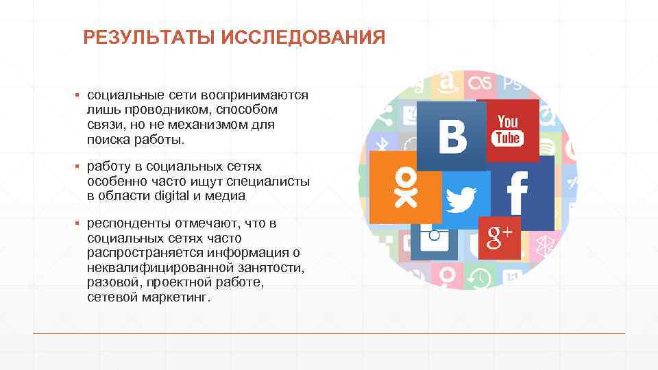  РЕЗУЛЬТАТЫ ИССЛЕДОВАНИЯ ▪ социальные сети воспринимаются лишь проводником, способом связи, но не механизмом