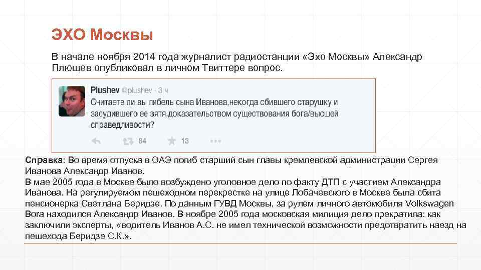 ЭХО Москвы В начале ноября 2014 года журналист радиостанции «Эхо Москвы» Александр Плющев опубликовал