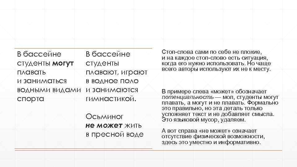 В бассейне студенты могут плавать и заниматься водными видами спорта В бассейне студенты плавают,