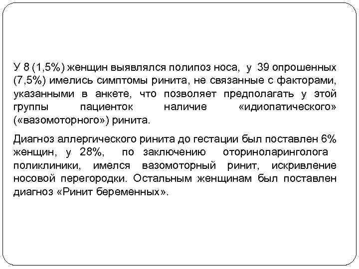 У 8 (1, 5%) женщин выявлялся полипоз носа, у 39 опрошенных (7, 5%) имелись