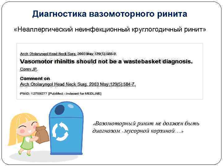 Диагностика вазомоторного ринита «Неаллергический неинфекционный круглогодичный ринит» «Вазомоторный ринит не должен быть диагнозом -