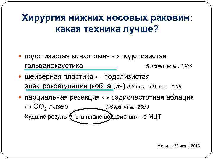 Хирургия нижних носовых раковин: какая техника лучше? подслизистая конхотомия ↔ подслизистая гальванокаустика S. Joniau