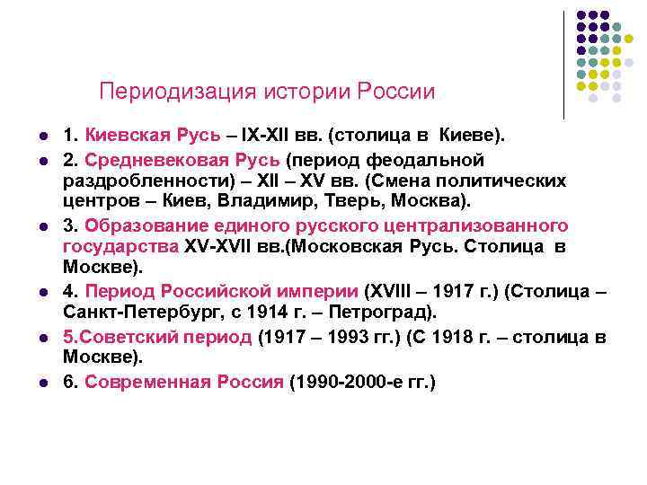 Периодизация истории России l l l 1. Киевская Русь – IX-XII вв. (столица в