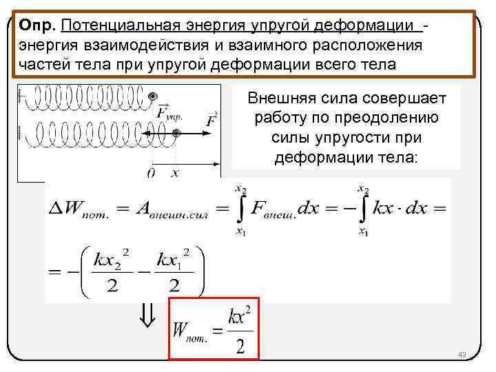 Потенциальная энергия упругой деформации пружины