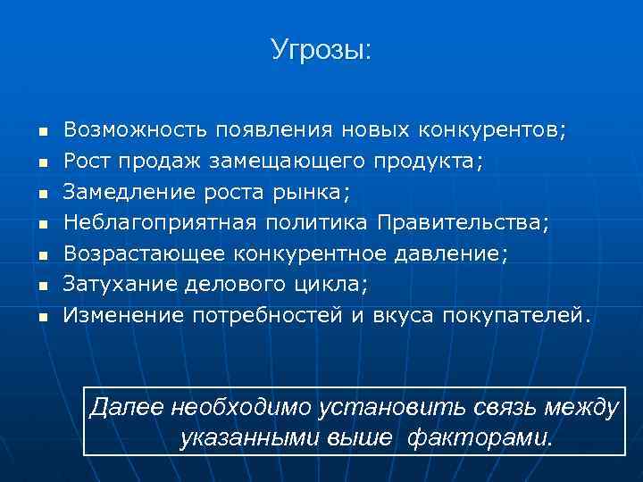 Угрозы: n n n n Возможность появления новых конкурентов; Рост продаж замещающего продукта; Замедление