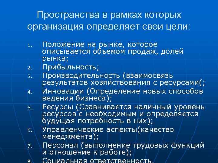 Пространства в рамках которых организация определяет свои цели: 1. 2. 3. 4. 5. 6.