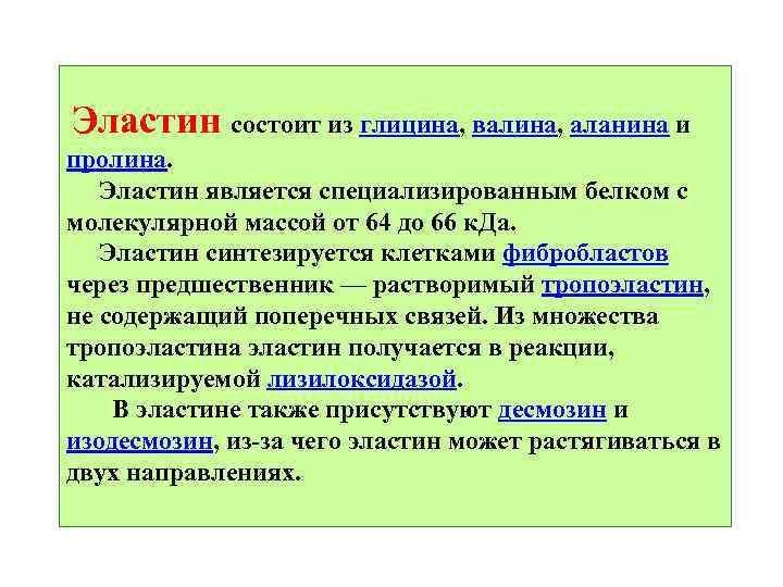 Эластин состоит из глицина, валина, аланина и пролина. Эластин является специализированным белком с молекулярной