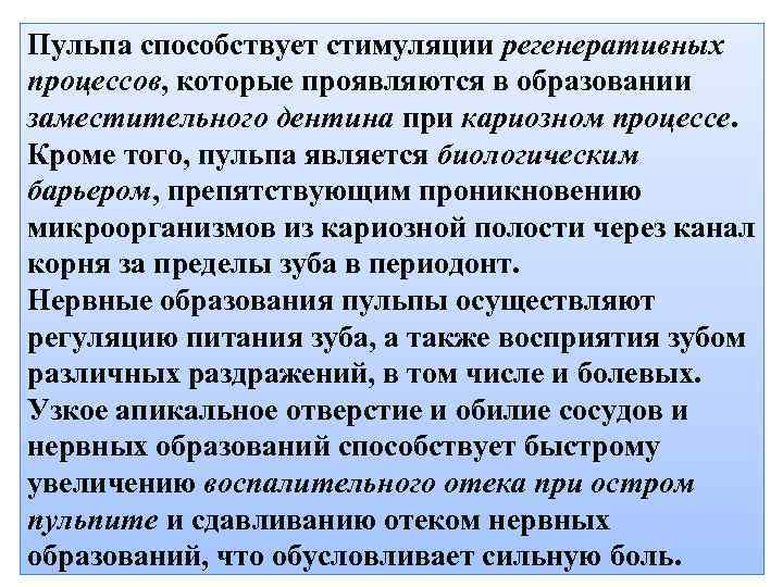 Пульпа способствует стимуляции регенеративных процессов, которые проявляются в образовании заместительного дентина при кариозном процессе.