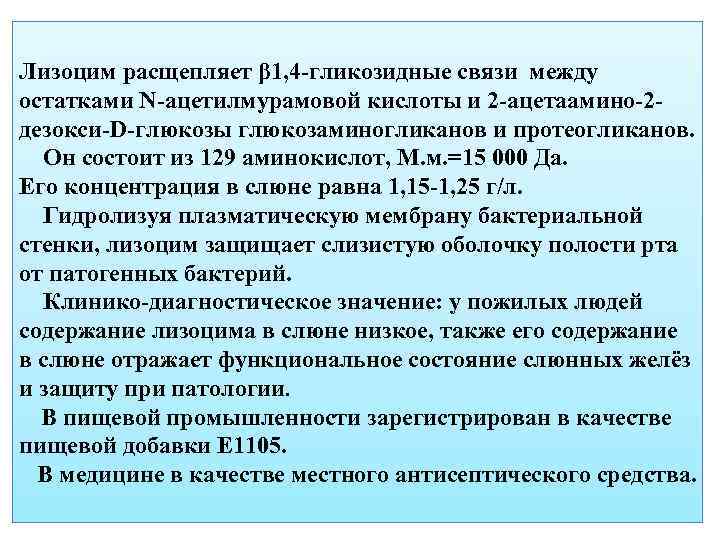 Лизоцим расщепляет β 1, 4 -гликозидные связи между остатками N-ацетилмурамовой кислоты и 2 -ацетаамино-2