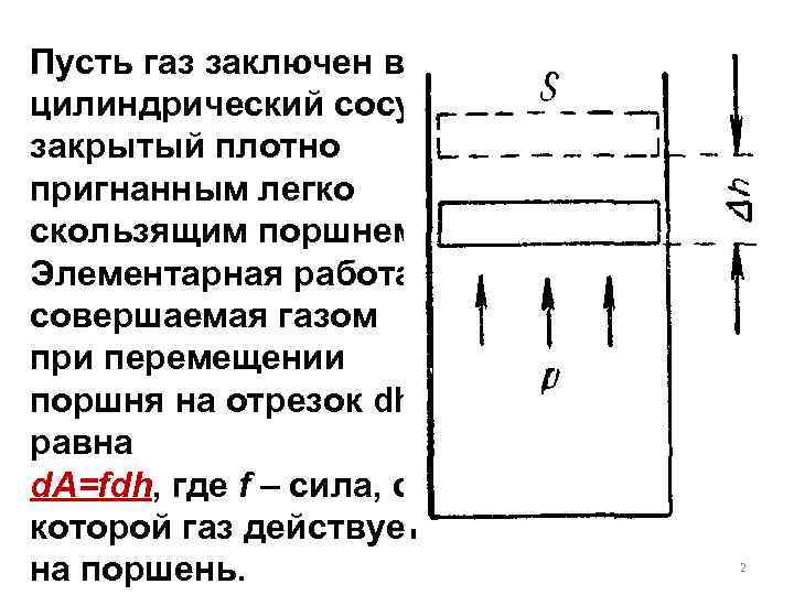 Пусть газ заключен в цилиндрический сосуд, закрытый плотно пригнанным легко скользящим поршнем. Элементарная работа,