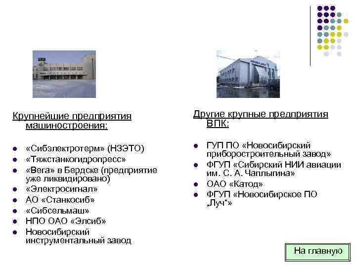 Крупнейшие предприятия машиностроения: l l l l «Сибэлектротерм» (НЗЭТО) «Тяжстанкогидропресс» «Вега» в Бердске (предприятие