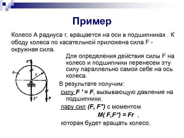 Пример Колесо А радиуса r, вращается на оси в подшипниках. К ободу колеса по